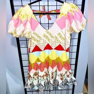 Love the Label Colorful Patchwork Fun and Flirty Ruffle Puff Sleeve Dress NWT